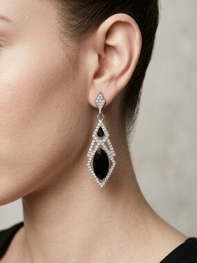 Silver & Black Drop Earrings with Pave Crystals